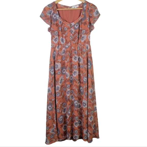 Madewell sheer sleeve button front midi dress floral burnt orange 4 - Picture 2 of 16